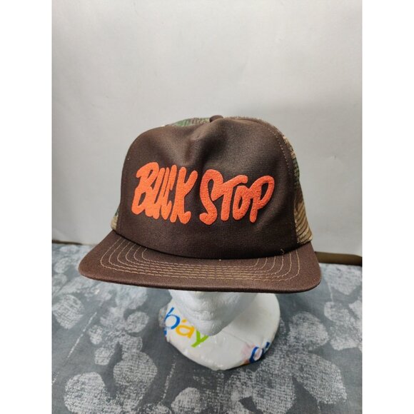 "Buck Stop" Embossed Mesh Back Flat Brim Adjustable Snapback Hat USA Vintage - Picture 2 of 11